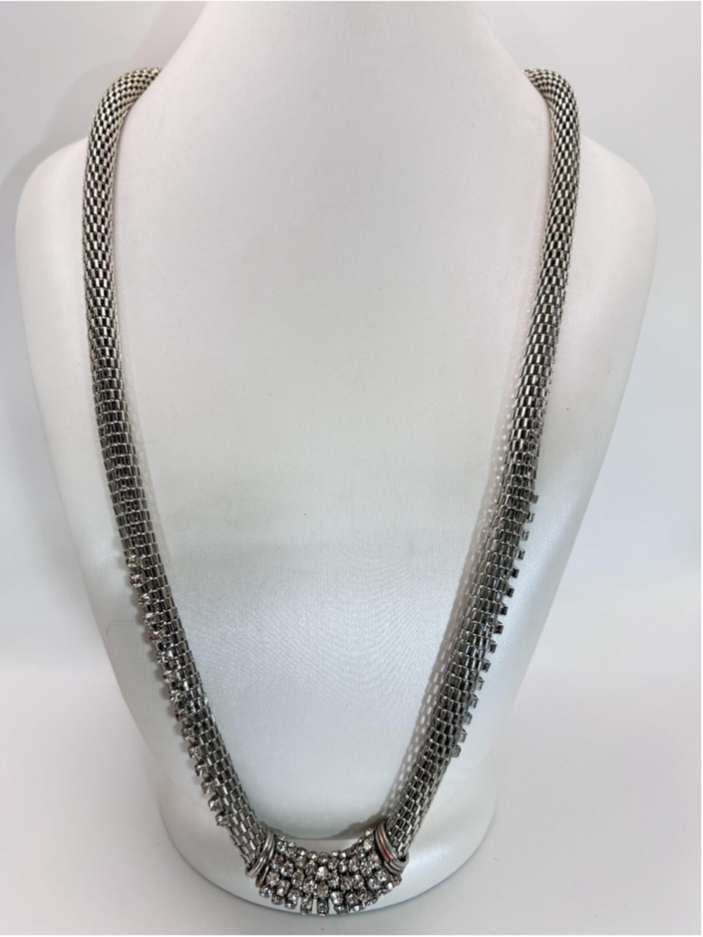 Necklace Silver Tone Mesh Chain Rhinestone Statement Bib Collar Womens Fashion
